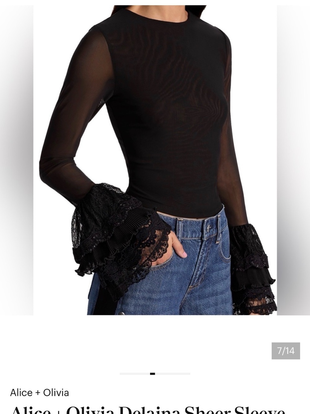 Alice + Olivia Delaina Black sheer Sleeve Lace Ruffle Top size S worn once